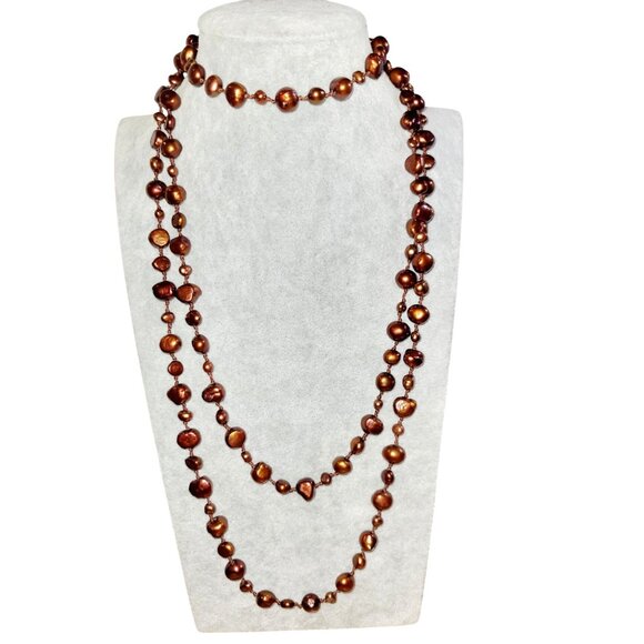 Handcrafted Jewelry - 42" Long Baroque Pearl Necklace Ardent Chocolate Brown Hand Knotted